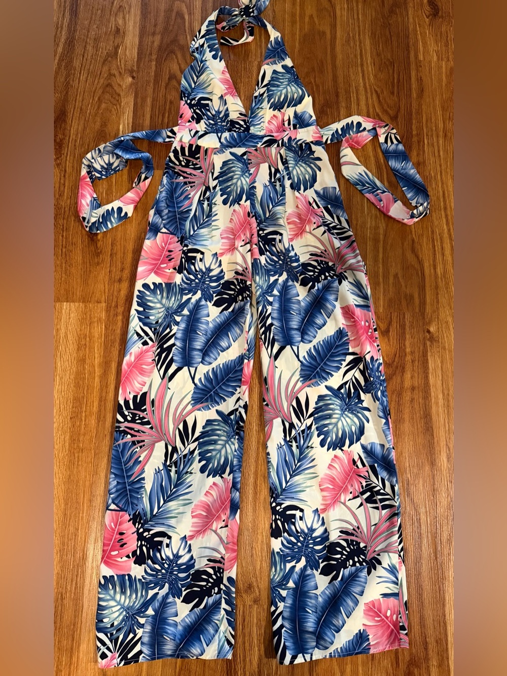 WOW couture Blue, Pink & White Tropical Halter Jumpsuit